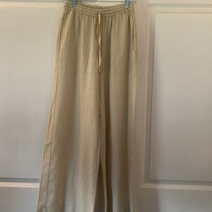 MAX STUDIO WOMENS LINEN XS PANT WIDE LEG BEIGE CREAM TAN PULL ON ELASTIC WAIST